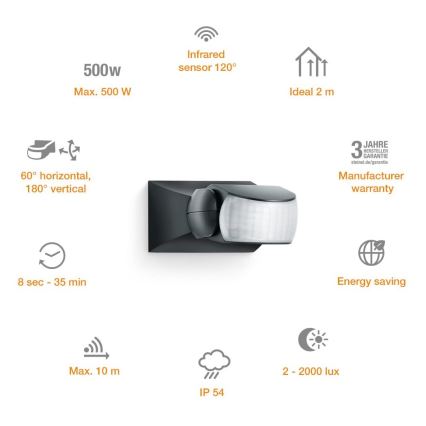 STEINEL 600419 - IS-1 Sensor de infravermelhos para exterior preto IP54