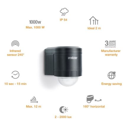 STEINEL 602710 - Sensor de parede de infravermelhos exterior IS240 antracite IP54