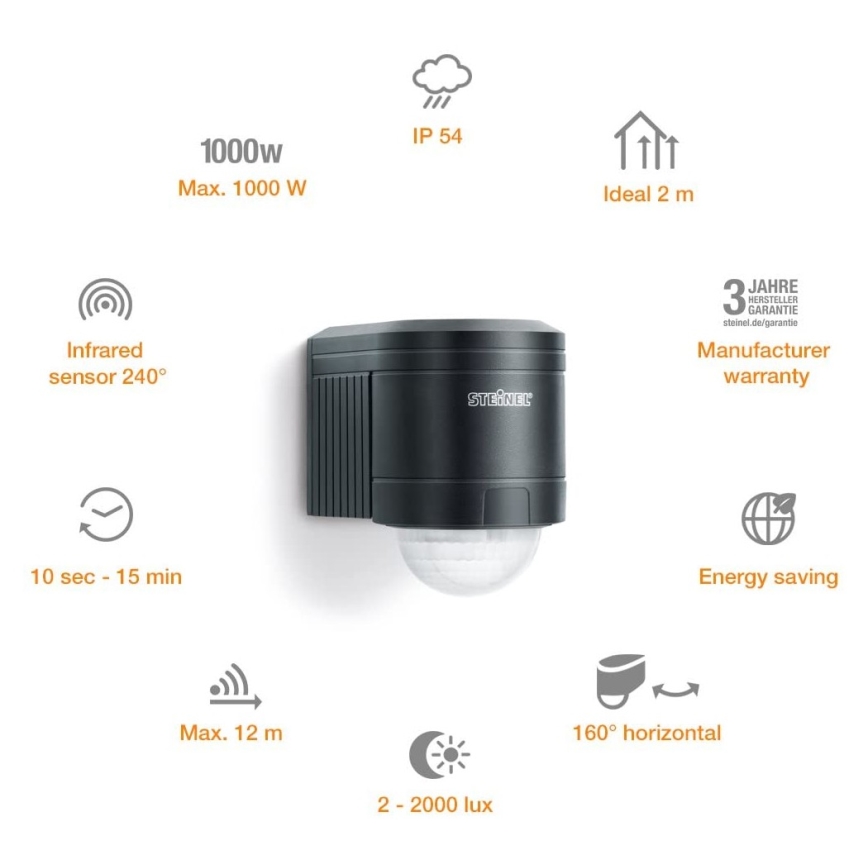 STEINEL 602710 - Sensor de parede de infravermelhos exterior IS240 antracite IP54