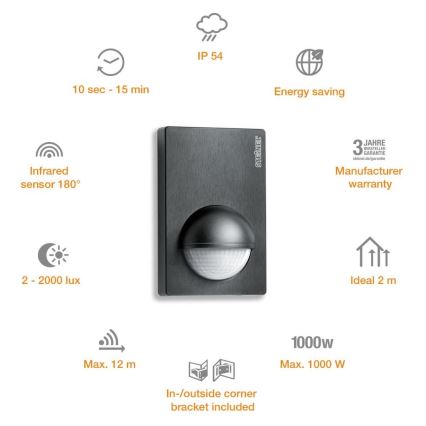 STEINEL 603113 - Sensor de movimento exterior IS 180-2 preto IP54