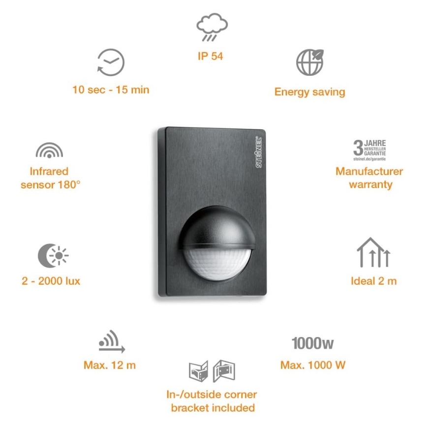 STEINEL 603113 - Sensor de movimento exterior IS 180-2 preto IP54