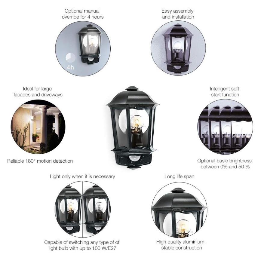 Steinel 644413 - Iluminação de parede exterior com sensor L 190 S 1xE27/100W/230V IP44