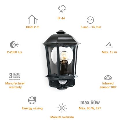 Steinel 644413 - Iluminação de parede exterior com sensor L 190 S 1xE27/100W/230V IP44