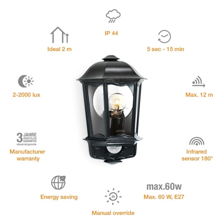 Steinel 644413 - Iluminação de parede exterior com sensor L 190 S 1xE27/100W/230V IP44