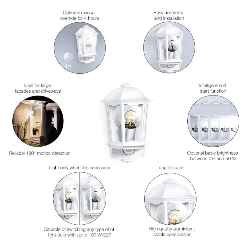 Steinel 644512 - Iluminação de parede exterior com sensor L 190 S 1xE27/100W/230V IP44
