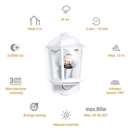 Steinel 644512 - Iluminação de parede exterior com sensor L 190 S 1xE27/100W/230V IP44