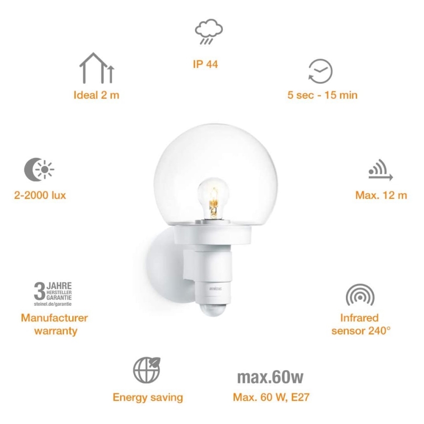 Steinel 657413 - Iluminação exterior com sensor L 115 S 1xE27/60W/230V IP44