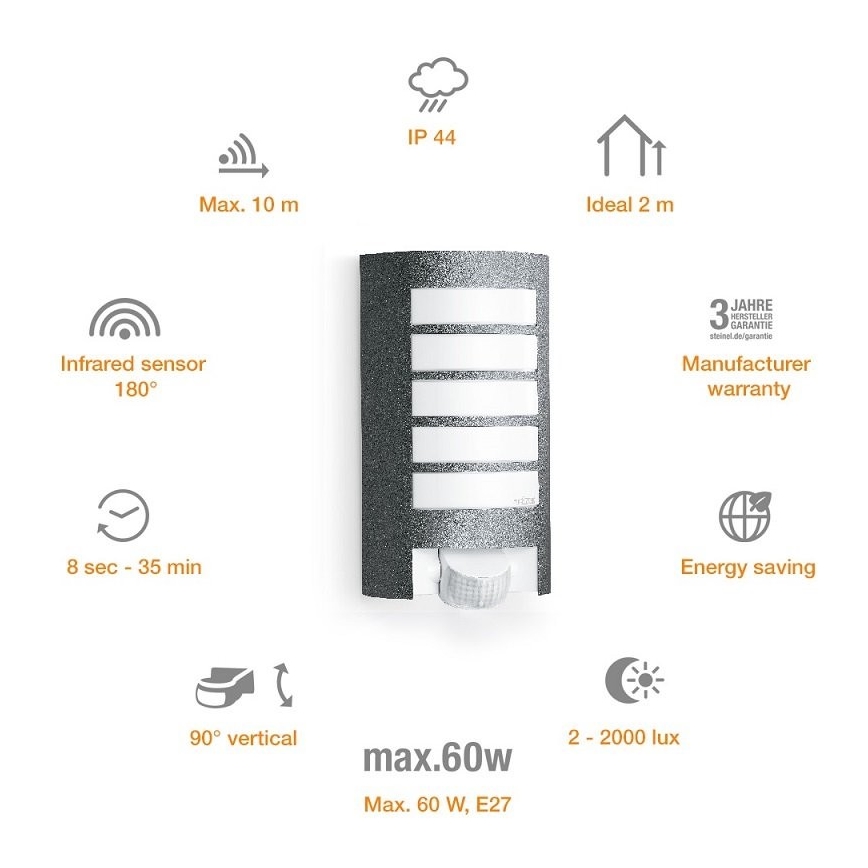 STEINEL 657819 - Iluminação exterior com sensor L12 1xE27/60W/230V IP44