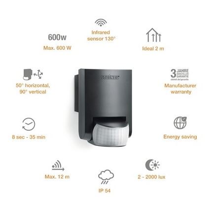 STEINEL 660215 - Sensor exterior de infravermelhos IS 130-2 preto IP54