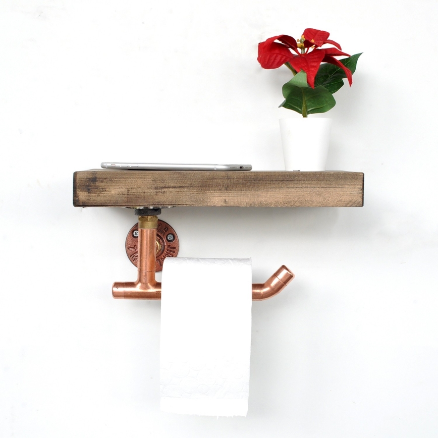 Suporte para papel higiénico com prateleira 15x30 cm castanho/cobre