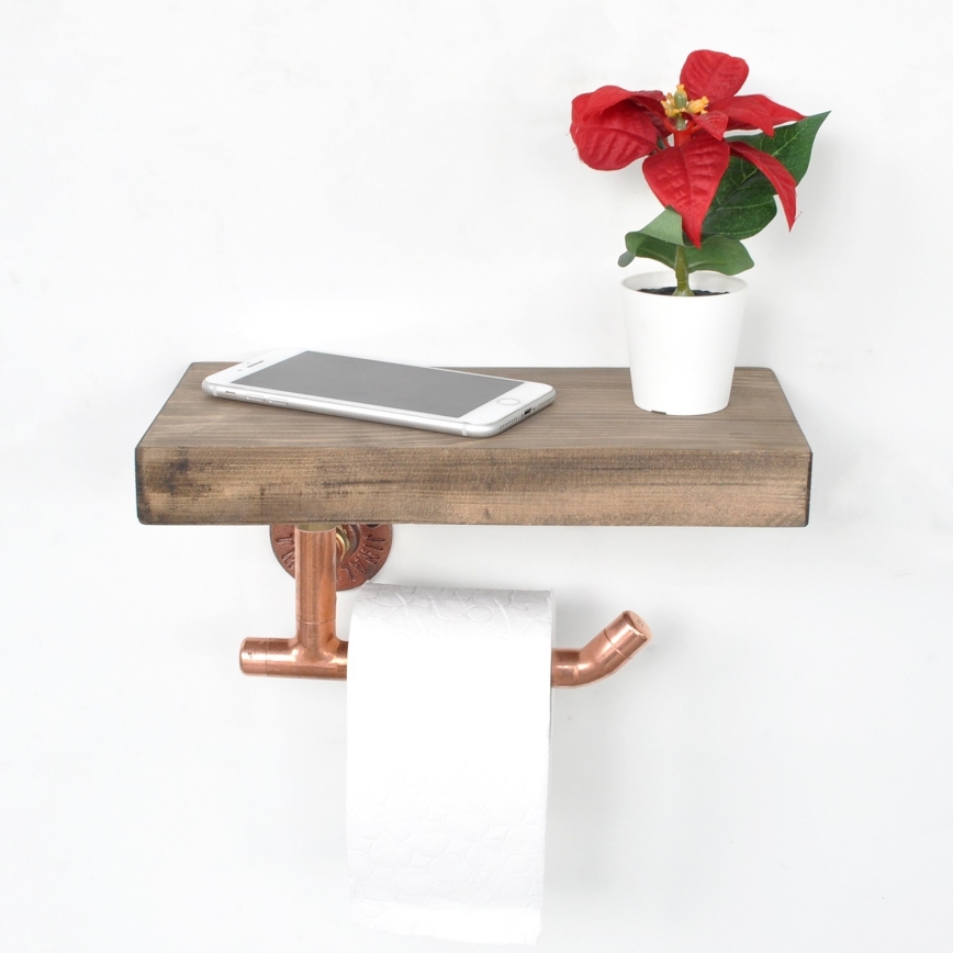 Suporte para papel higiénico com prateleira 15x30 cm castanho/cobre