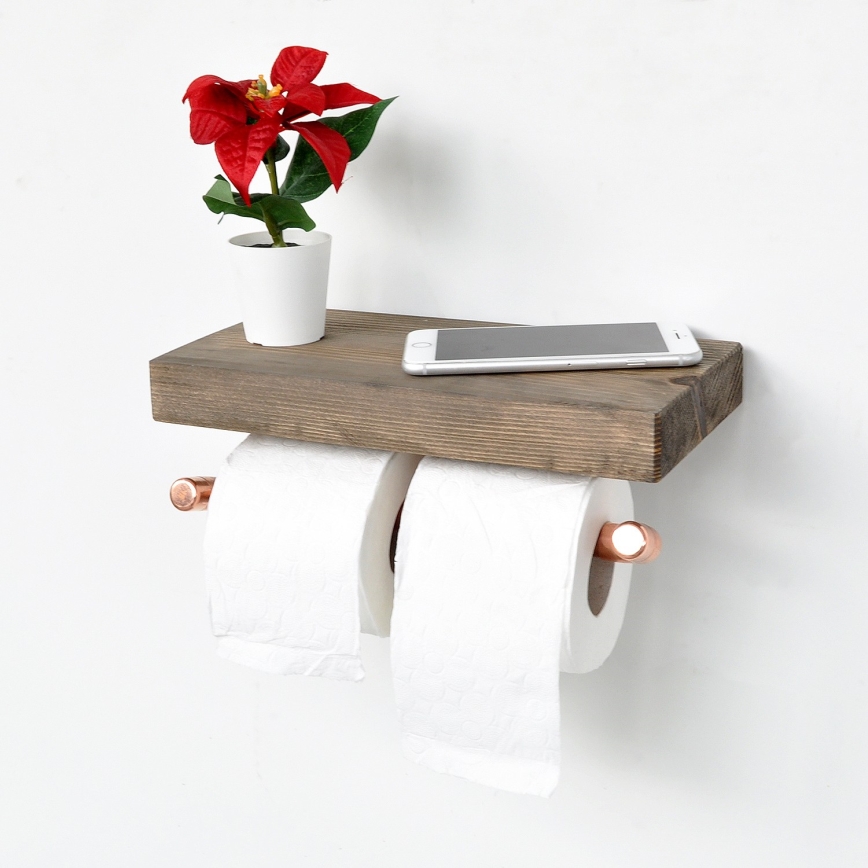 Suporte para papel higiénico com prateleira BORU 12x30 cm abeto/cobre