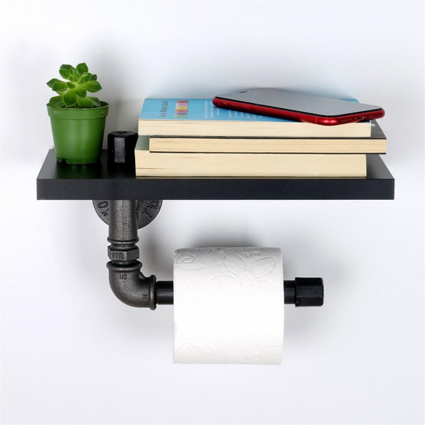 Suporte para papel higiénico com prateleira BORU 12x30 cm preto