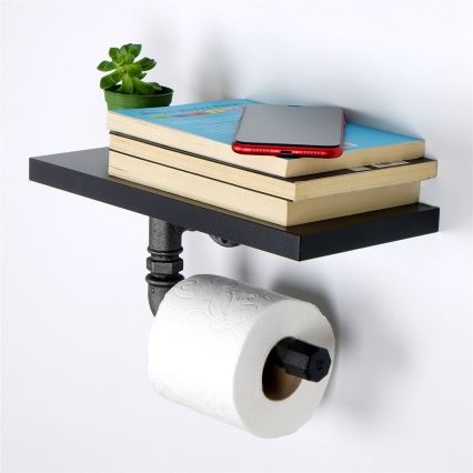 Suporte para papel higiénico com prateleira BORU 12x30 cm preto