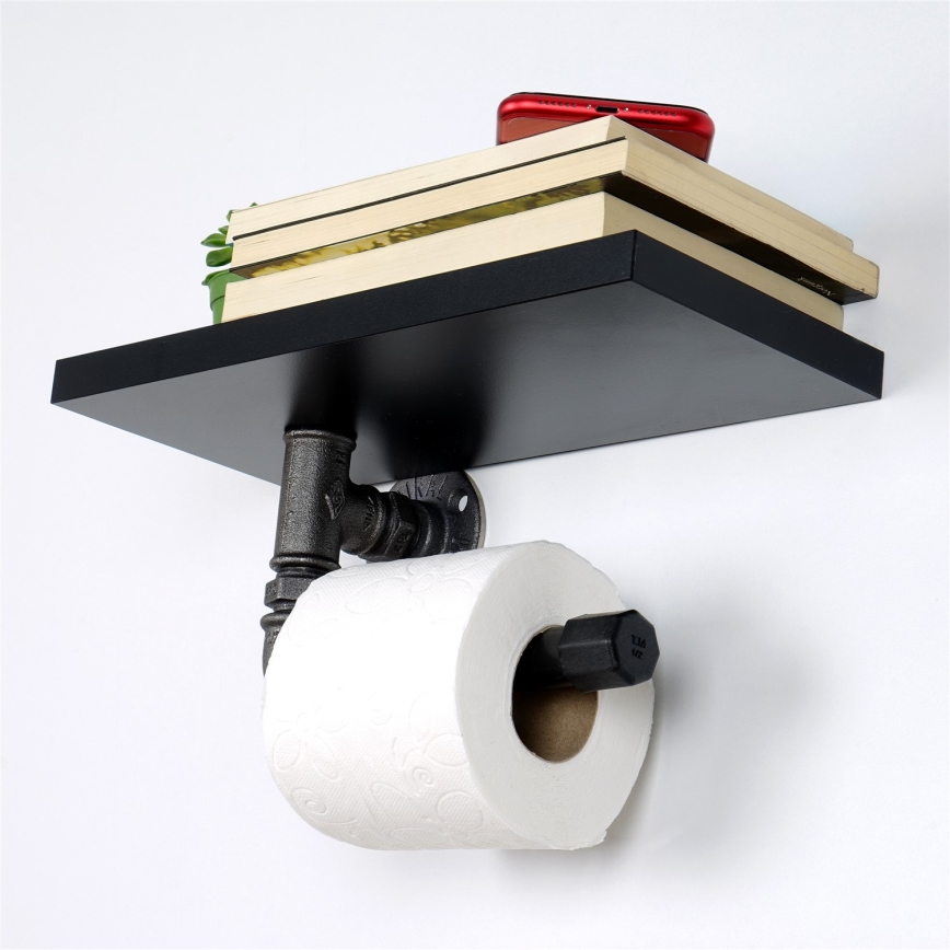 Suporte para papel higiénico com prateleira BORU 12x30 cm preto