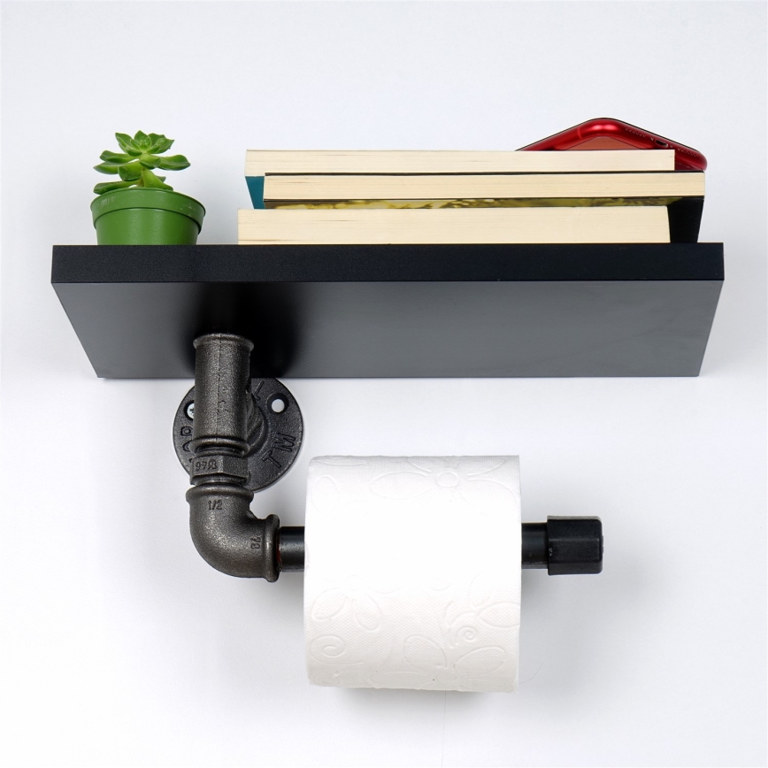 Suporte para papel higiénico com prateleira BORU 12x30 cm preto