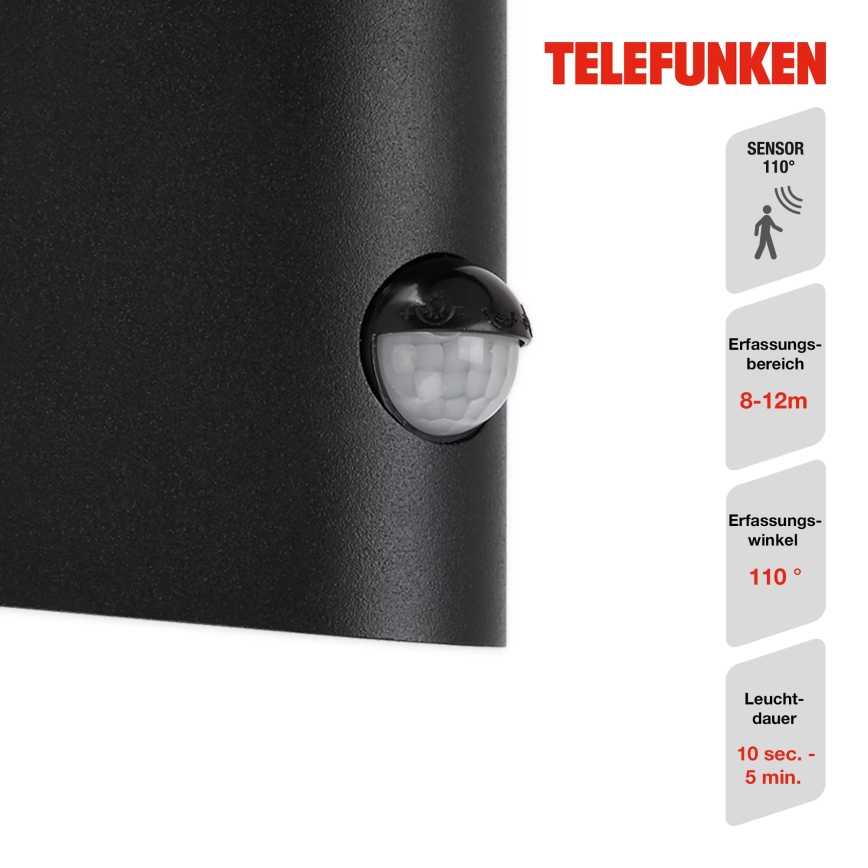 Telefunken 312505TF-LED Iluminação de parede exterior com sensor LED/10W/230V IP44 preto