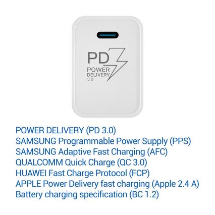 TESLA Electronics - Adaptador de carregamento rápido Power Delivery 20W branco