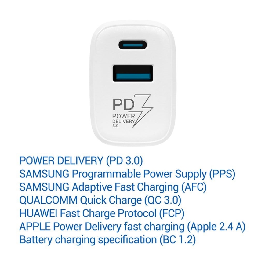 TESLA Electronics - Adaptador de carregamento rápido Power Delivery 25W branco