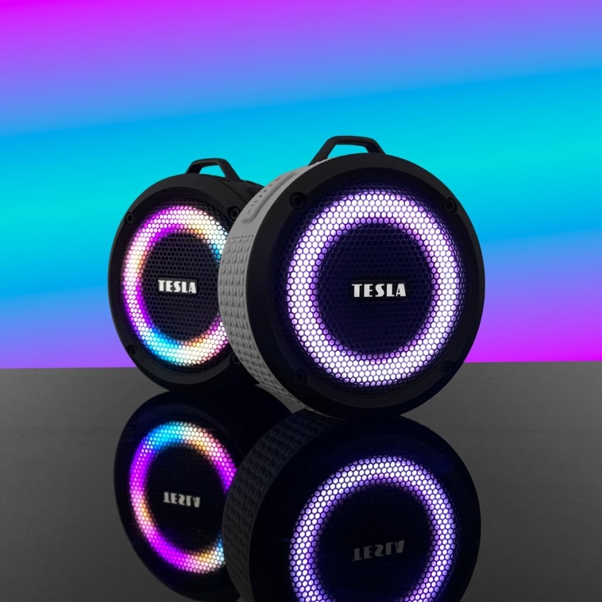 TESLA Electronics - Altifalante sem fios LED RGB 5W/1200 mAh/3,7V IPX7 cinzento