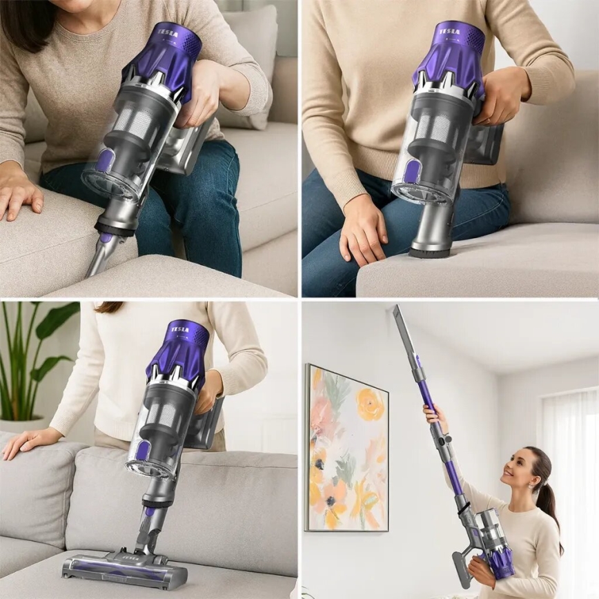 TESLA Electronics PureStar - Aspirador vertical flexível sem fios 2em1 250W/2200 mAh cinzento/roxo