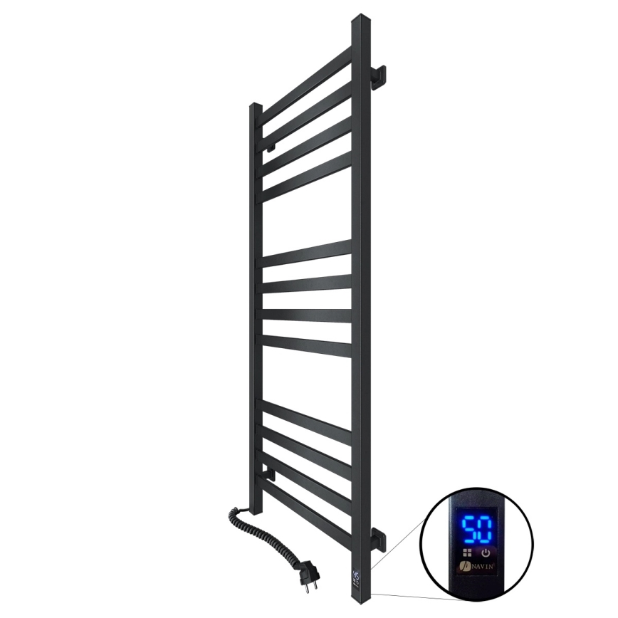 Radiador-toalheiro para casa de banho AVANGARD com termóstato, 459 W/230 V, 120,6 cm, IP44, preto, ligação à esquerda, perfil quadrado