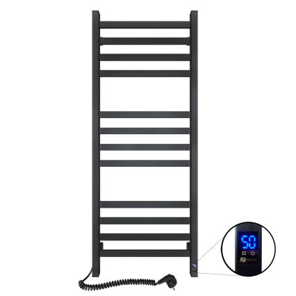 Radiador-toalheiro para casa de banho AVANGARD com termóstato, 459 W/230 V, 120,6 cm, IP44, preto, ligação à esquerda, perfil quadrado