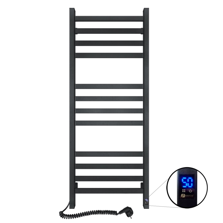 Radiador-toalheiro para casa de banho AVANGARD com termóstato, 459 W/230 V, 120,6 cm, IP44, preto, ligação à esquerda, perfil quadrado
