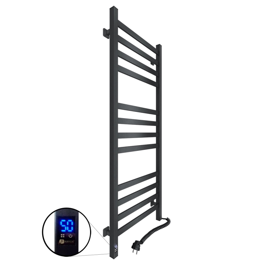 Radiador toalheiro para casa de banho com termostato AVANGARD 459W/230V 120,6 cm IP44, preto, ligação à direita, design quadrado