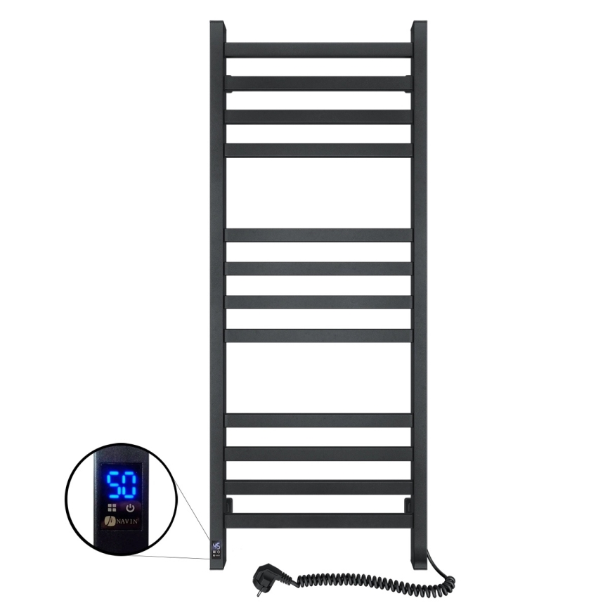 Radiador toalheiro para casa de banho com termostato AVANGARD 459W/230V 120,6 cm IP44, preto, ligação à direita, design quadrado
