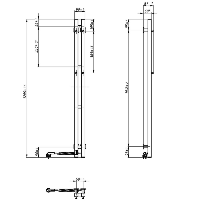Toalheiro elétrico com termóstato SILOUETTE 187W/230V 120,6 cm IP44 branco direita angular