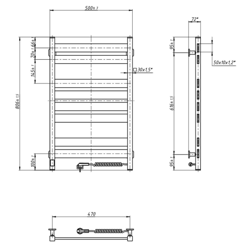 Toalheiro aquecido para casa de banho com termóstato LARGO 432W/230V 80,6 cm IP44, preto, lado direito, perfil quadrado