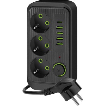 Tomada múltipla com interruptor LINEA 3x230V + 5xUSB A/C SCHUKO 3 m preta