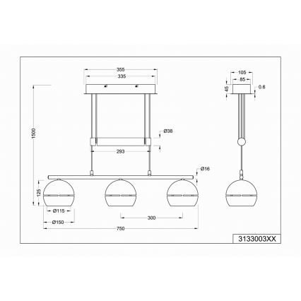 Trio - Candelabro suspenso FLETCHER 3xE14/40W/230V cromado mate