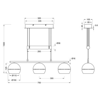 Trio - Candelabro suspenso FLETCHER 3xE14/40W/230V latão
