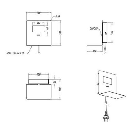 Trio - Iluminação de parede LED com prateleira ALOFT LED/3W/230V + entrada USB preta