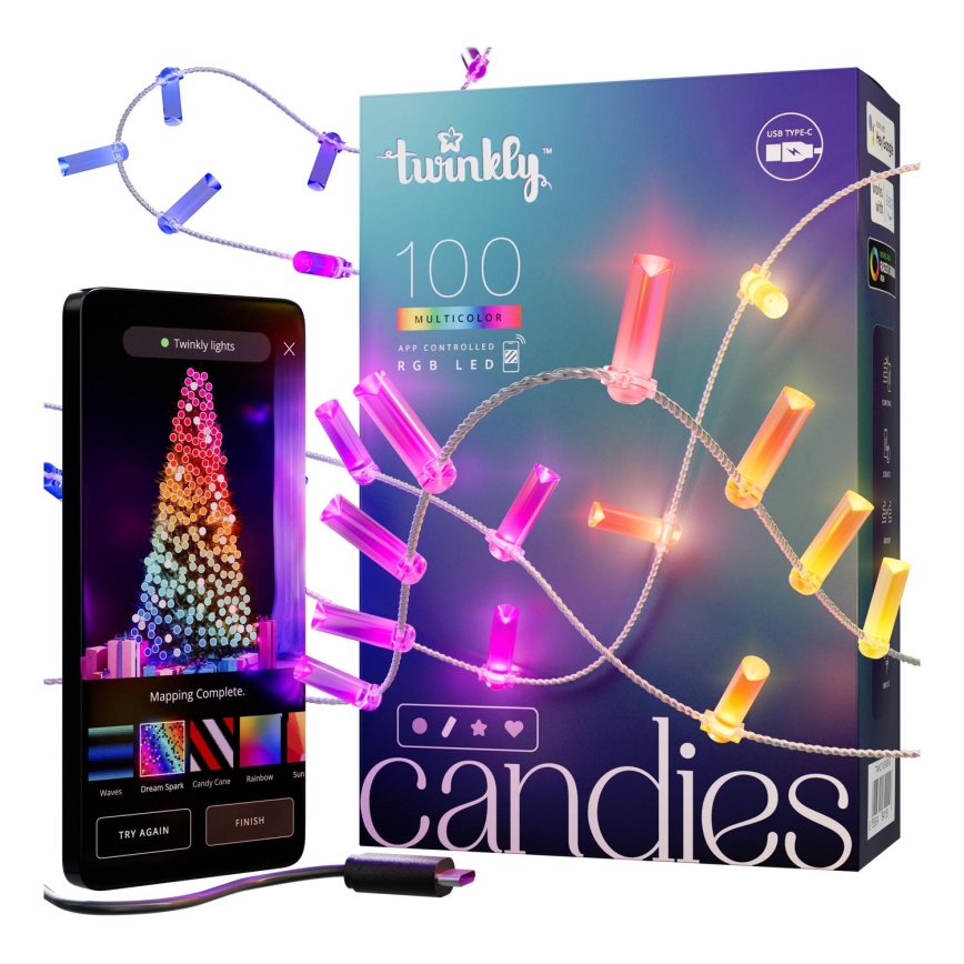 Twinkly - LED RGB Regulação Corrente de Natal CANDIES 100xLED 8 m USB Wi-Fi