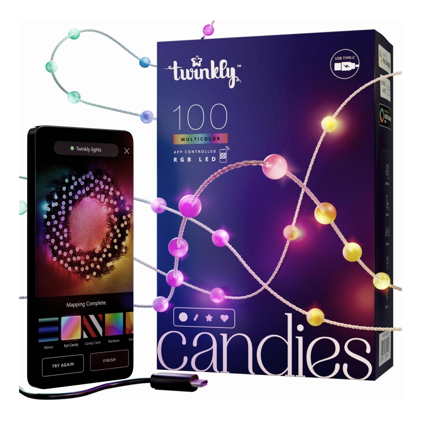 Twinkly - LED RGB Regulação Corrente de Natal CANDIES 100xLED 8 m USB Wi-Fi