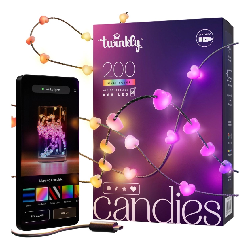 Twinkly - LED RGB Regulação Corrente de Natal CANDIES 200xLED 14 m USB Wi-Fi