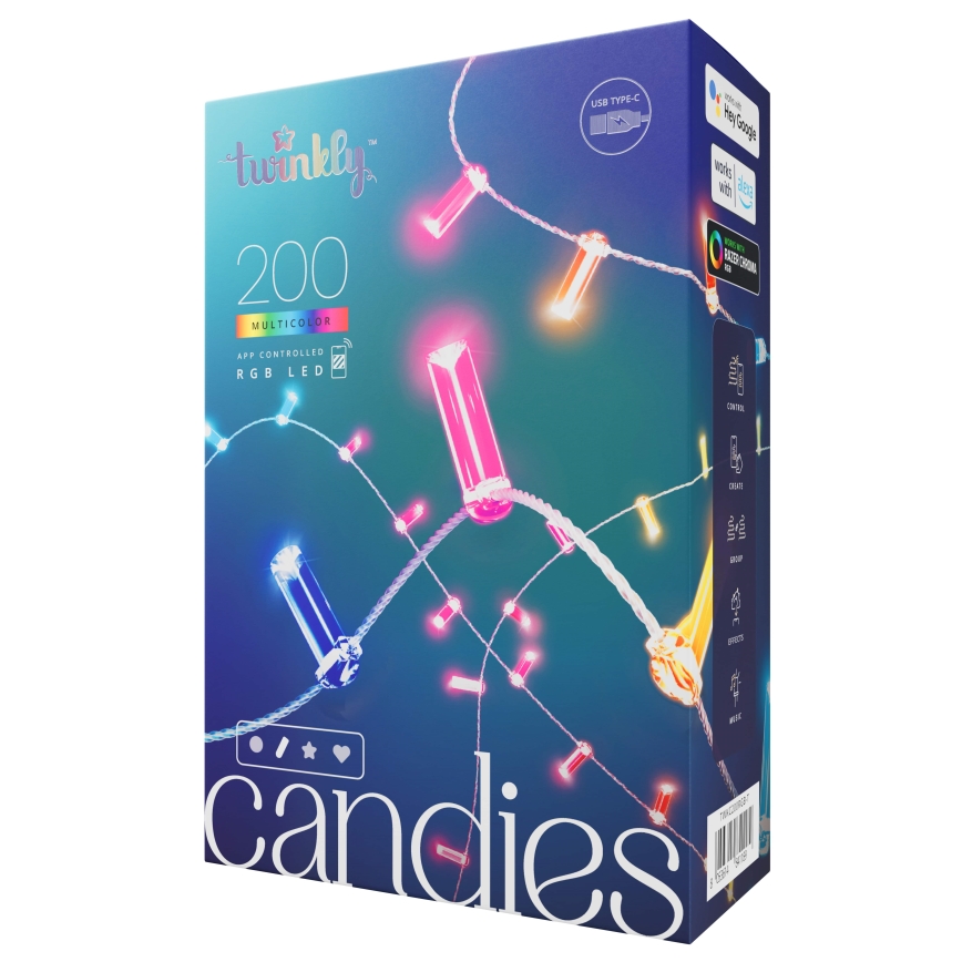 Twinkly - LED RGB Regulação Corrente de Natal CANDIES 200xLED 14 m USB Wi-Fi