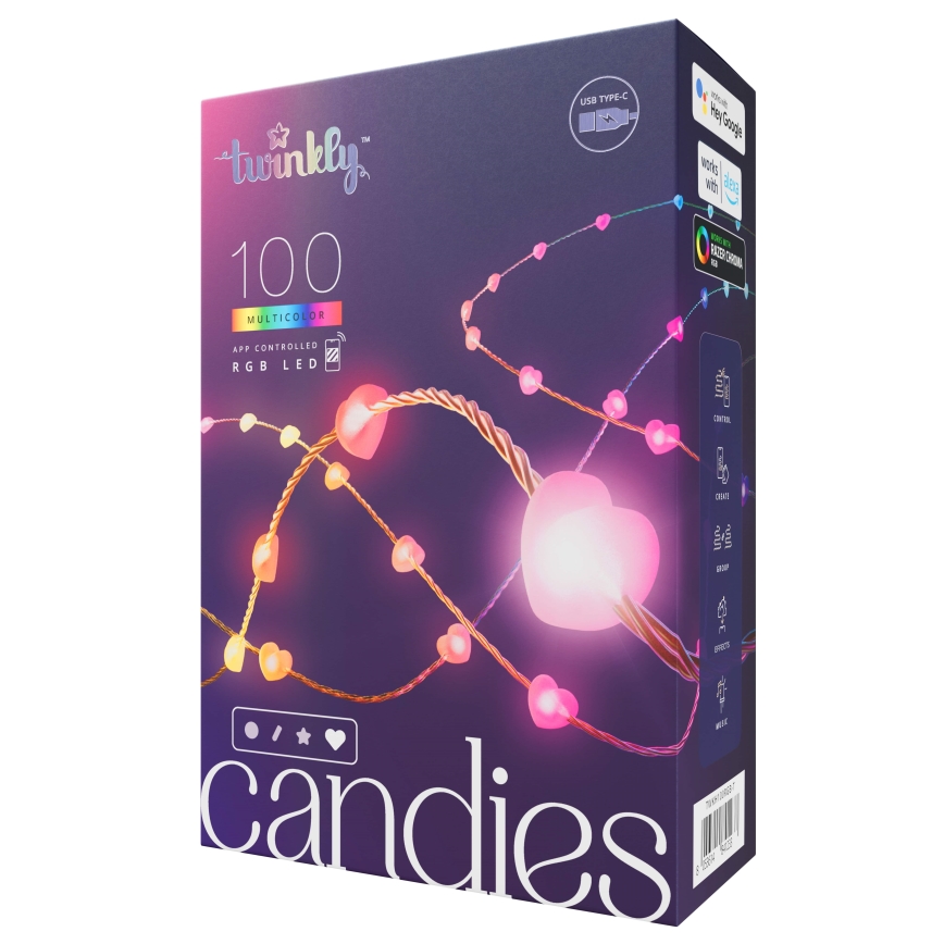 Twinkly - LED RGB Regulação Corrente de Natal CANDIES 100xLED 8 m USB Wi-Fi