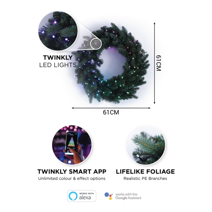 Twinkly - LED RGB Regulação Coroa de natal PRE-LIT WREATH 50xLED diâmetro 61cm Wi-Fi