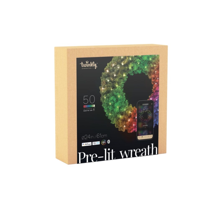 Twinkly - LED RGB Regulação Coroa de natal PRE-LIT WREATH 50xLED diâmetro 61cm Wi-Fi