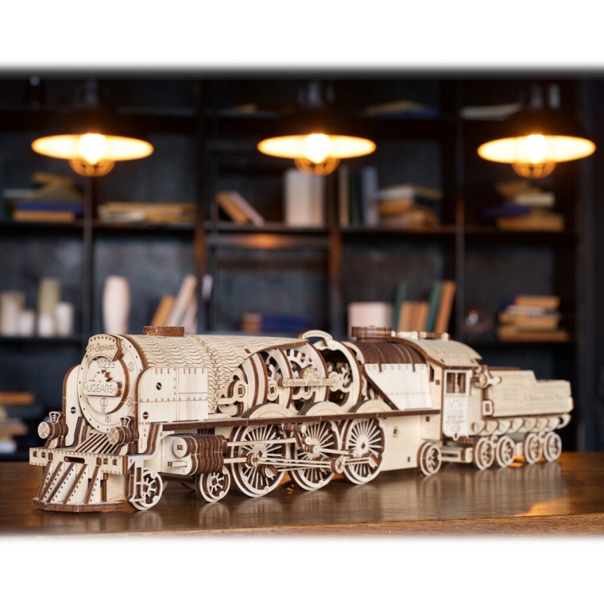 Ugears - 3D puzzle mecânico de madeira V-Express locomotiva a vapor com vagão