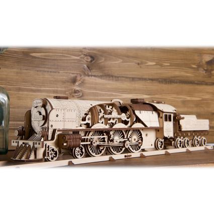 Ugears - 3D puzzle mecânico de madeira V-Express locomotiva a vapor com vagão