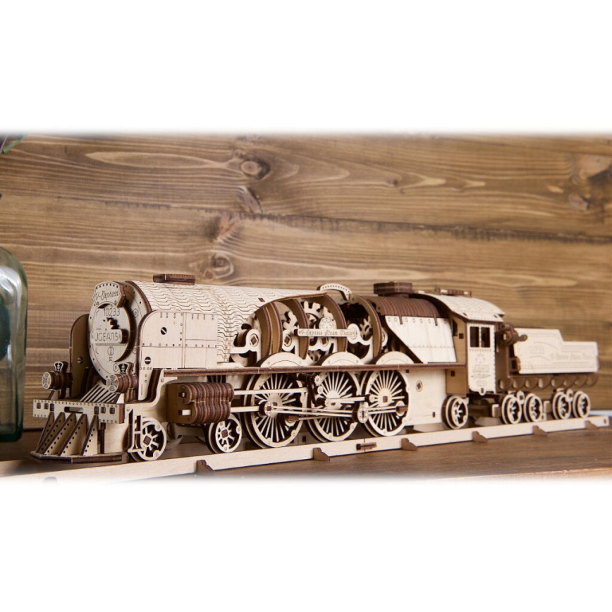Ugears - 3D puzzle mecânico de madeira V-Express locomotiva a vapor com vagão