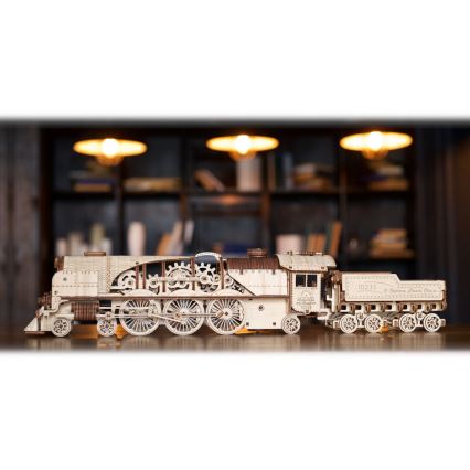 Ugears - 3D puzzle mecânico de madeira V-Express locomotiva a vapor com vagão