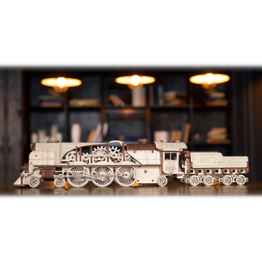 Ugears - 3D puzzle mecânico de madeira V-Express locomotiva a vapor com vagão