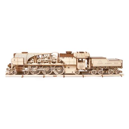 Ugears - 3D puzzle mecânico de madeira V-Express locomotiva a vapor com vagão