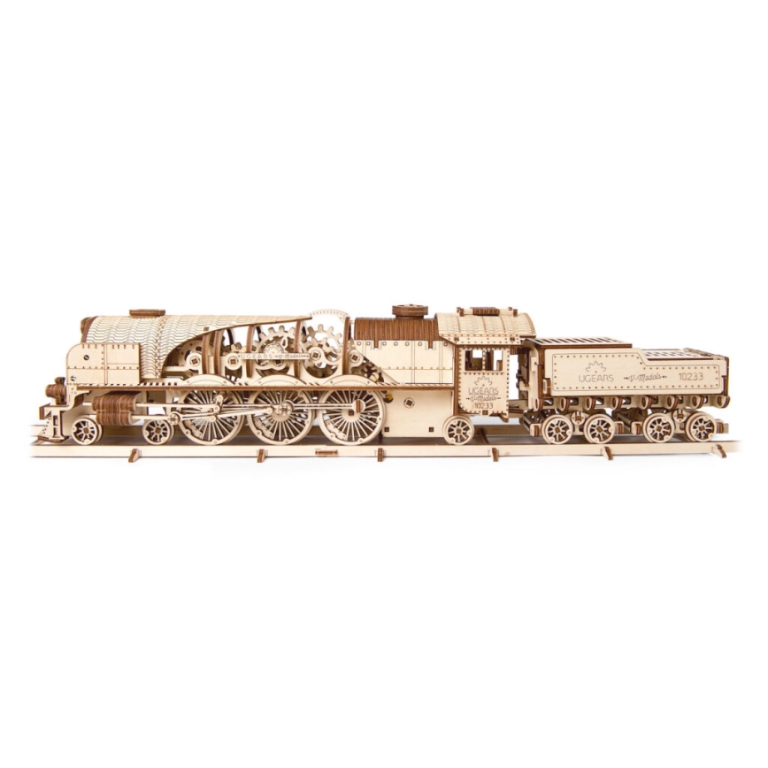 Ugears - 3D puzzle mecânico de madeira V-Express locomotiva a vapor com vagão
